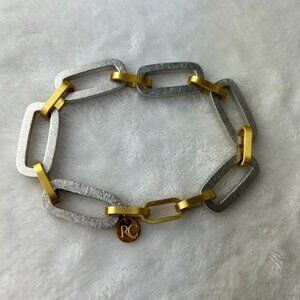 RC Rustic Cuff Bracelet Rectangular Bar link Signed Silver Gold tone metal 7.5"L
